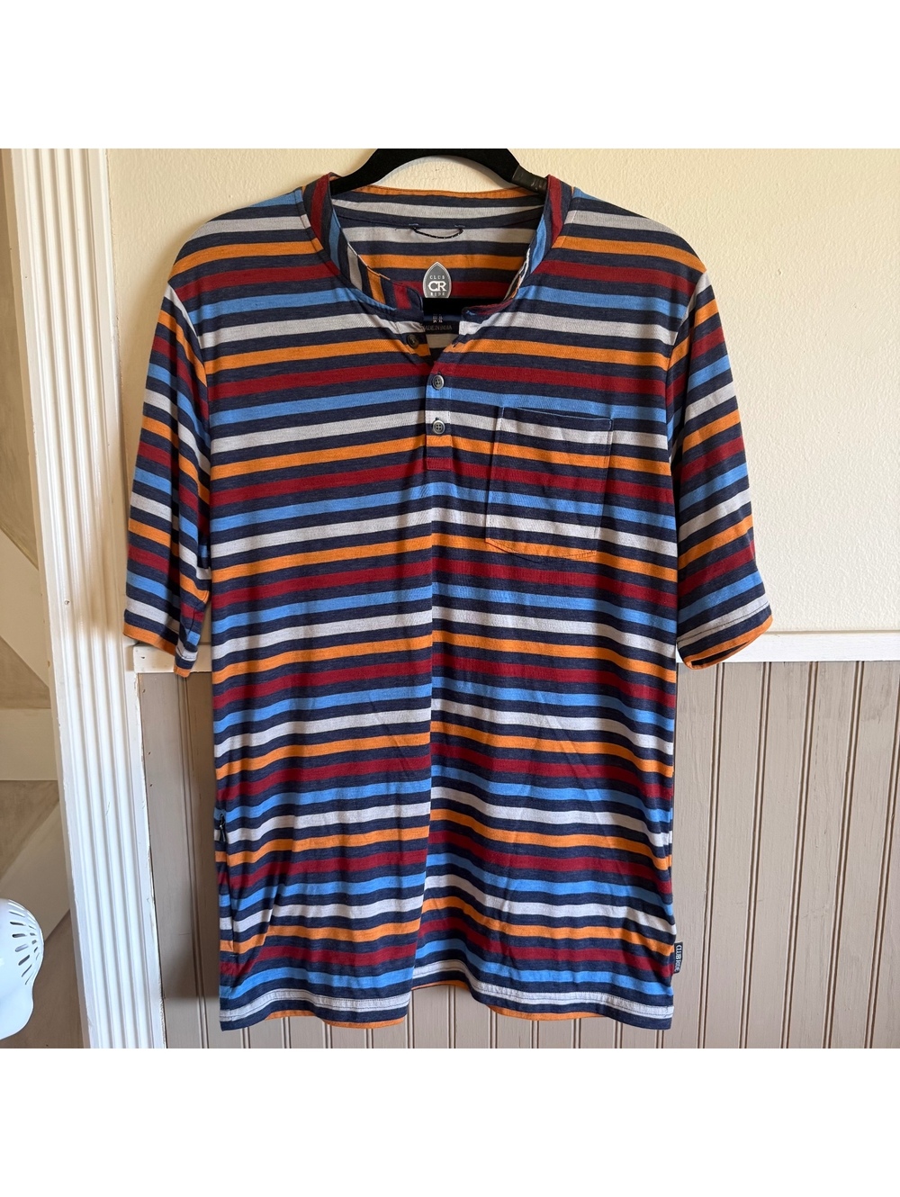 Club Ride Striped Wool Blend Henley Cycling Shirt Hidden Zip Pocket L
